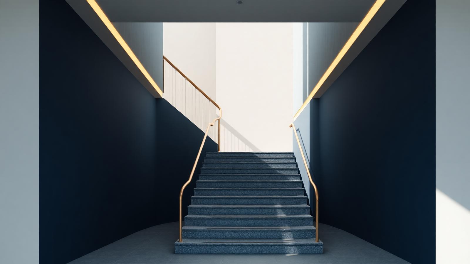 A minimalist staircase ascending in a modern building with gold handrails.