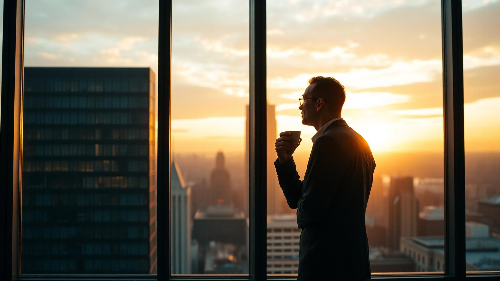 A serene executive looking out a large window over a city skyline at dawn.
