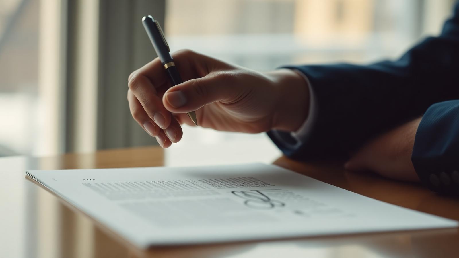 Close-up of an executive's hand hovering with a pen above an unsigned document.