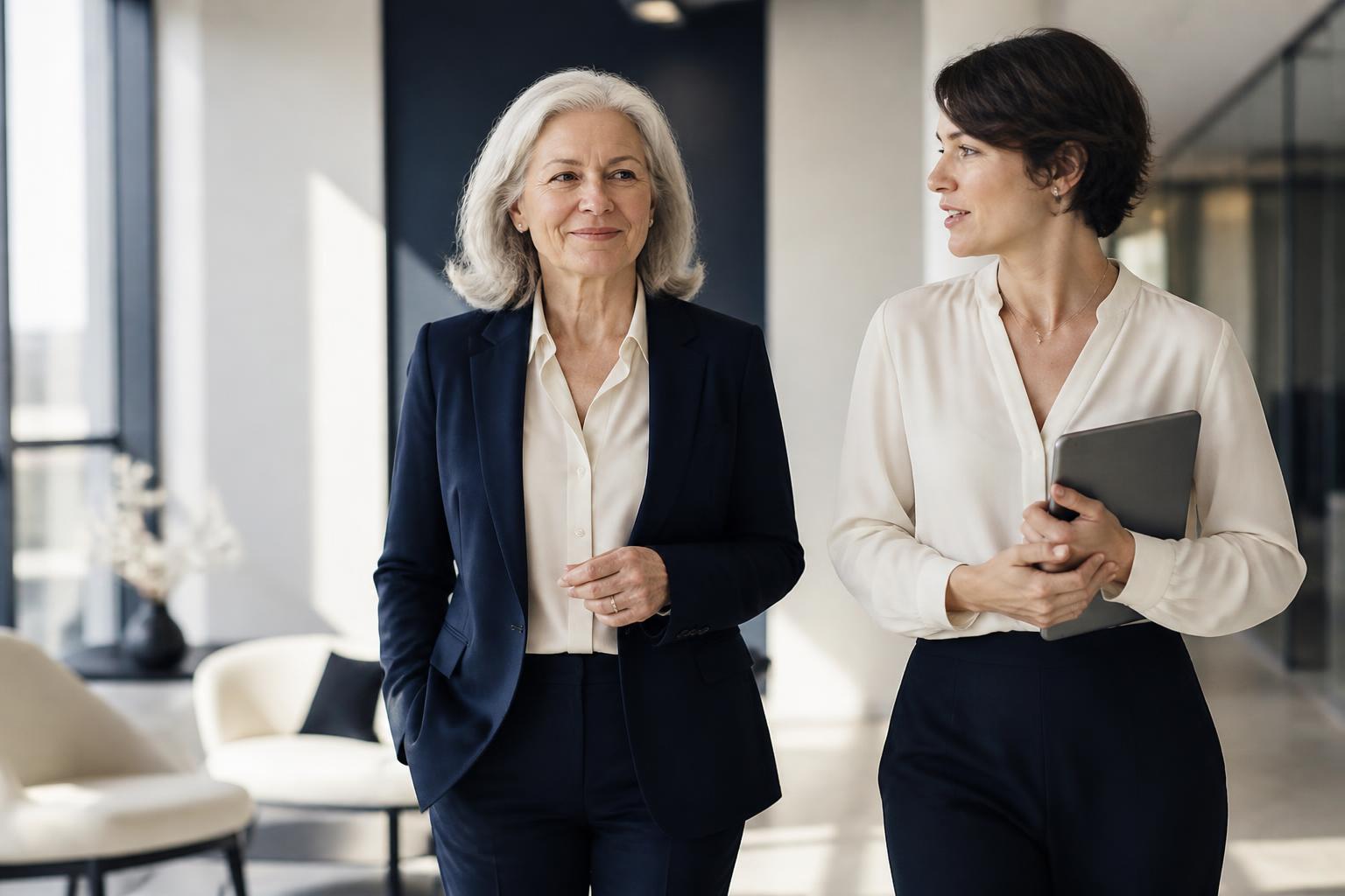 A calm senior leader walking alongside a colleague in a sunlit modern office.