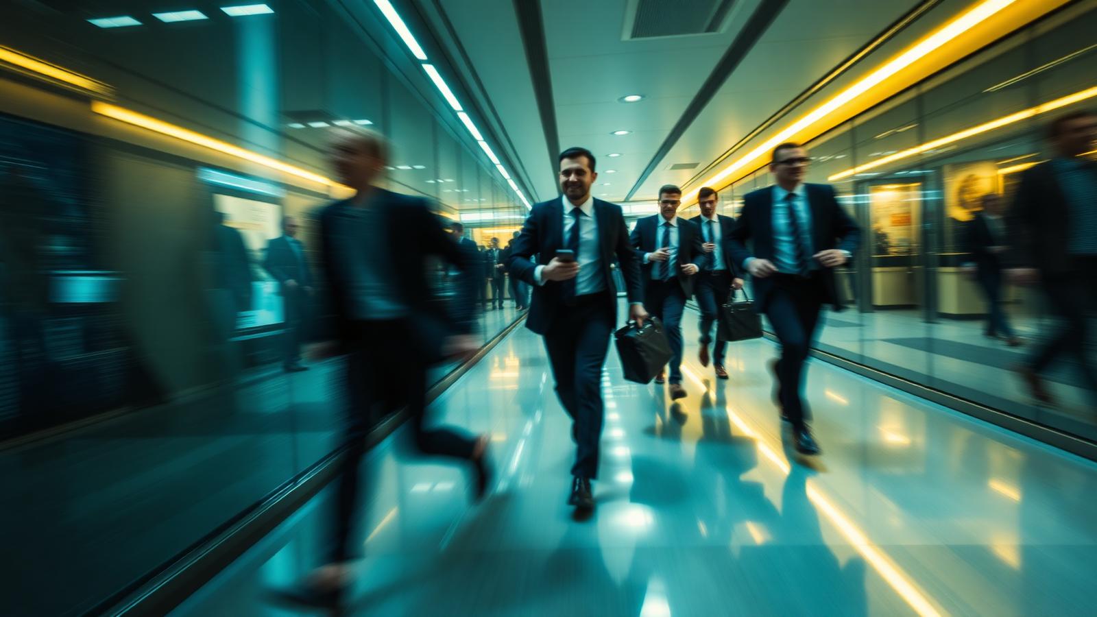Blurred motion of business people rushing through a modern office corridor.